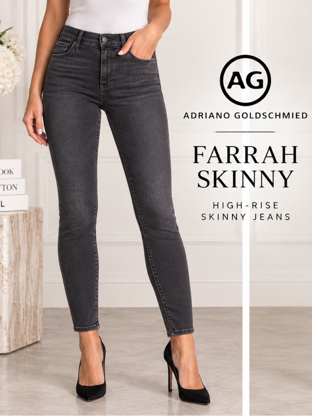 AG The Farrah Skinny High-Rise Dark Gray Denim $215